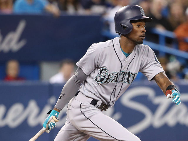 TORONTO, ON - MAY 8: Dee Gordon #9 of the Seattle Mariners hits a double in the third inning during MLB game action against the Toronto Blue Jays at Rogers Centre on May 8, 2018 in Toronto, Canada.