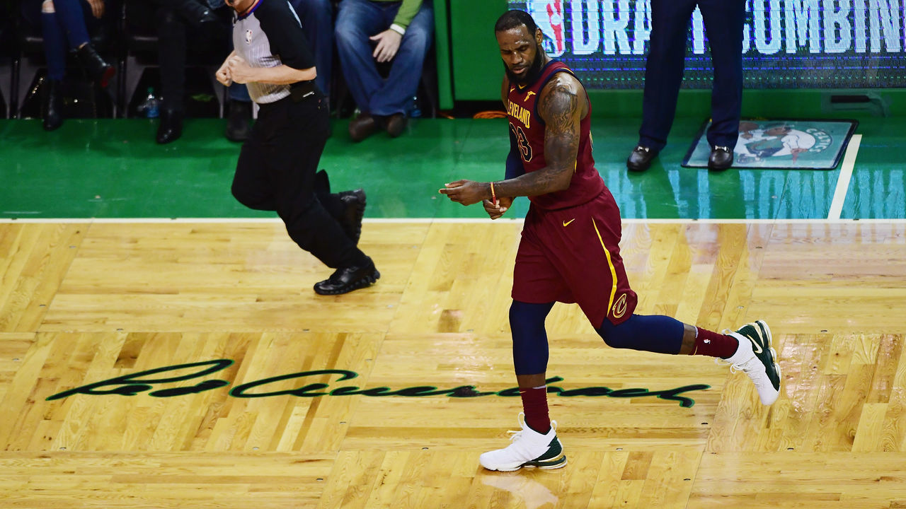 BOSTON, MA - MAY 15: LeBron James #23 of the Cleveland Cavaliers runs in transition in the first half against the Boston Celtics during Game Two of the 2018 NBA Eastern Conference Finals at TD Garden on May 15, 2018 in Boston, Massachusetts.