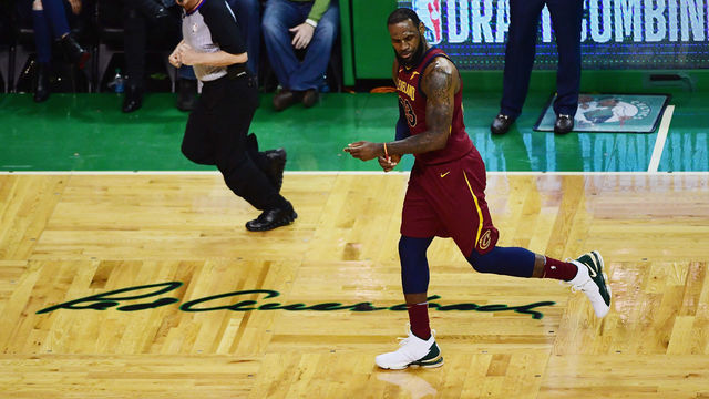 BOSTON, MA - MAY 15: LeBron James #23 of the Cleveland Cavaliers runs in transition in the first half against the Boston Celtics during Game Two of the 2018 NBA Eastern Conference Finals at TD Garden on May 15, 2018 in Boston, Massachusetts.