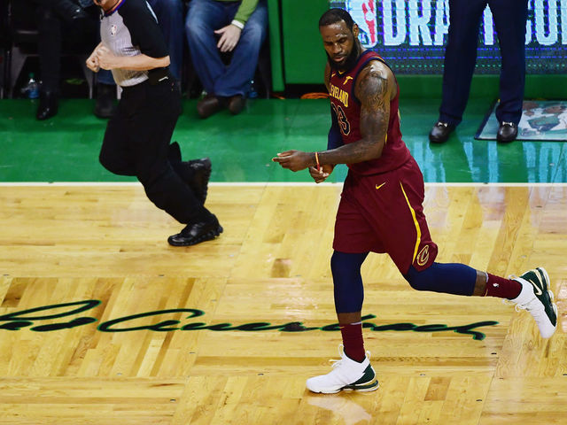 BOSTON, MA - MAY 15: LeBron James #23 of the Cleveland Cavaliers runs in transition in the first half against the Boston Celtics during Game Two of the 2018 NBA Eastern Conference Finals at TD Garden on May 15, 2018 in Boston, Massachusetts.