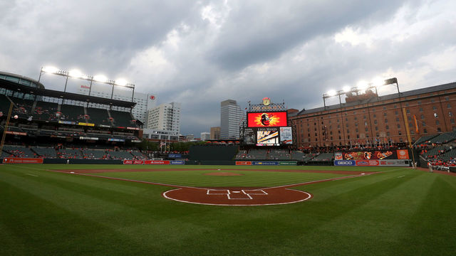 BALTIMORE, MD - May 15: The field at Oriole Park at Camden Yards is shown during a rain delay of the Baltimore Orioles and Philadelphia Phillies game on May 15, 2018 in Baltimore, Maryland.