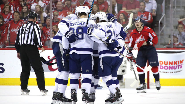 WASHINGTON, DC - MAY 15: Brayden Point #21 of the Tampa Bay Lightning celebrates with his teammates after scoring a goal on Braden Holtby #70 of the Washington Capitals during the second period in Game Three of the Eastern Conference Finals during the 2018 NHL Stanley Cup Playoffs at Capital One Arena on May 15, 2018 in Washington, DC.