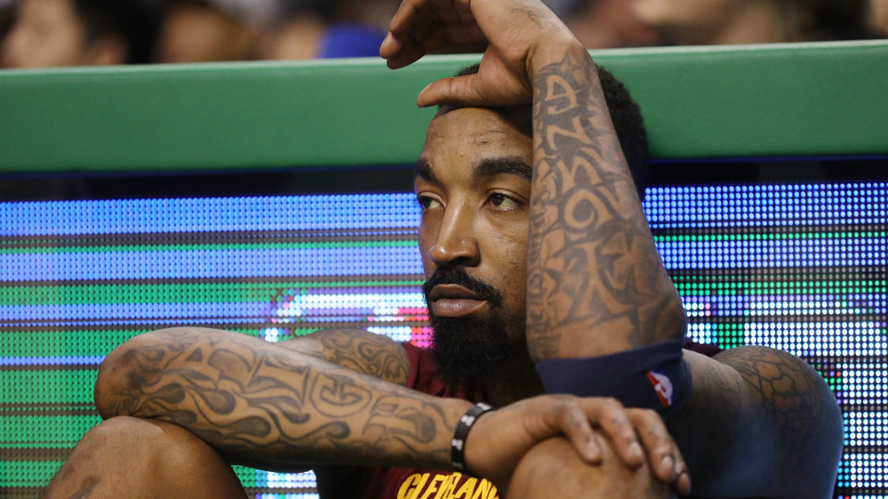BOSTON, MA - MAY 13: JR Smith #5 of the Cleveland Cavaliers reacts from the bench late in the fourth quarter in his teams loss to the Boston Celtics in Game One of the Eastern Conference Finals of the 2018 NBA Playoffs at TD Garden on May 13, 2018 in Boston, Massachusetts. The Boston Celtics defeated the Cleveland Cavaliers 108-83.