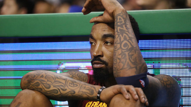 BOSTON, MA - MAY 13: JR Smith #5 of the Cleveland Cavaliers reacts from the bench late in the fourth quarter in his teams loss to the Boston Celtics in Game One of the Eastern Conference Finals of the 2018 NBA Playoffs at TD Garden on May 13, 2018 in Boston, Massachusetts. The Boston Celtics defeated the Cleveland Cavaliers 108-83.