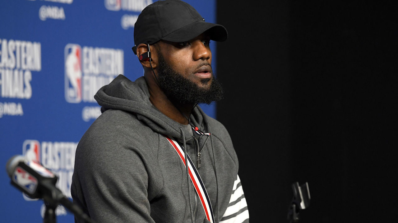 BOSTON, MA - MAY 15: LeBron James #23 of the Cleveland Cavaliers speaks to the media after Game Two of the Eastern Conference Finals against the Boston Celtics during the 2018 NBA Playoffs on May 15, 2018 at the TD Garden in Boston, Massachusetts. NOTE TO USER: User expressly acknowledges and agrees that, by downloading and/or using this photograph, user is consenting to the terms and conditions of the Getty Images License Agreement. Mandatory Copyright Notice: Copyright 2018 NBAE