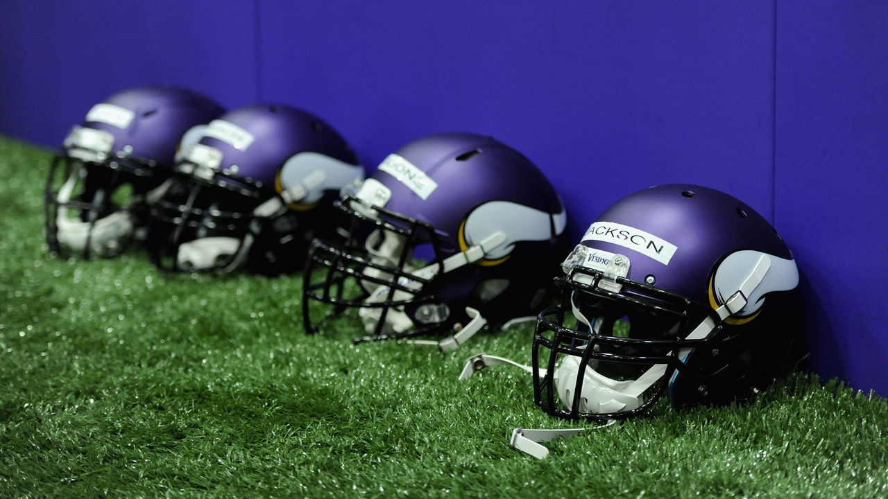 EDEN PRAIRIE, MN - MAY 3: Helmets belonging to the Minnesota Vikings are seen during a rookie minicamp on May 3, 2012 at Winter Park in Eden Prairie, Minnesota.