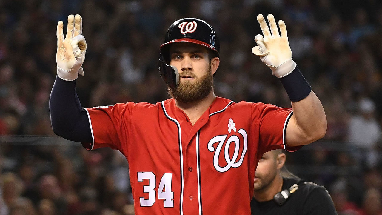 PHOENIX, AZ - MAY 13: Bryce Harper #34 of the Washington Nationals celebrates a solo home run in the third inning of the MLB game against the Arizona Diamondbacks at Chase Field on May 13, 2018 in Phoenix, Arizona.