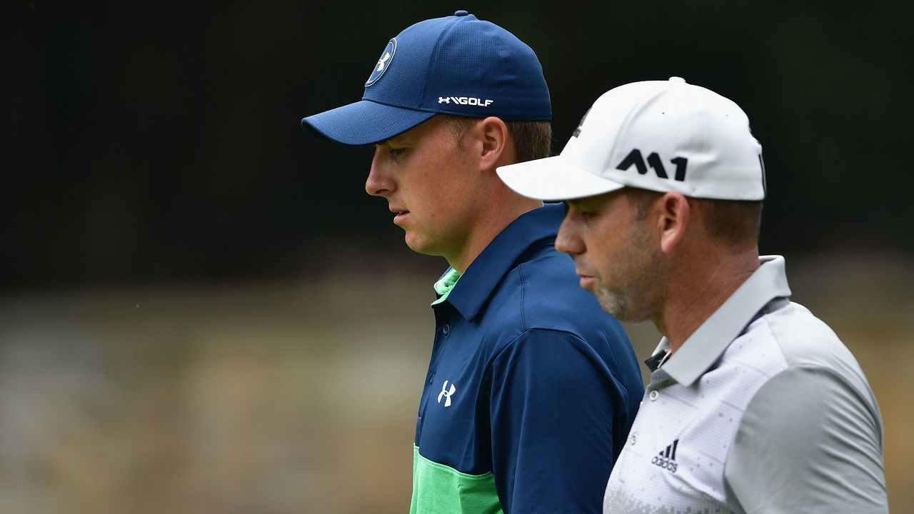 CHARLOTTE, NC - AUGUST 11: Jordan Spieth of the United States and Sergio Garcia of Spain walk along the seventh hole during the second round of the 2017 PGA Championship at Quail Hollow Club on August 11, 2017 in Charlotte, North Carolina.