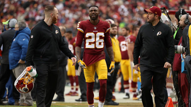 LANDOVER, MD - DECEMBER 17: Cornerback Bashaud Breeland #26 of the Washington Redskins walks off the field after being injured in the fourth quarter against the Arizona Cardinals at FedEx Field on December 17, 2017 in Landover, Maryland.