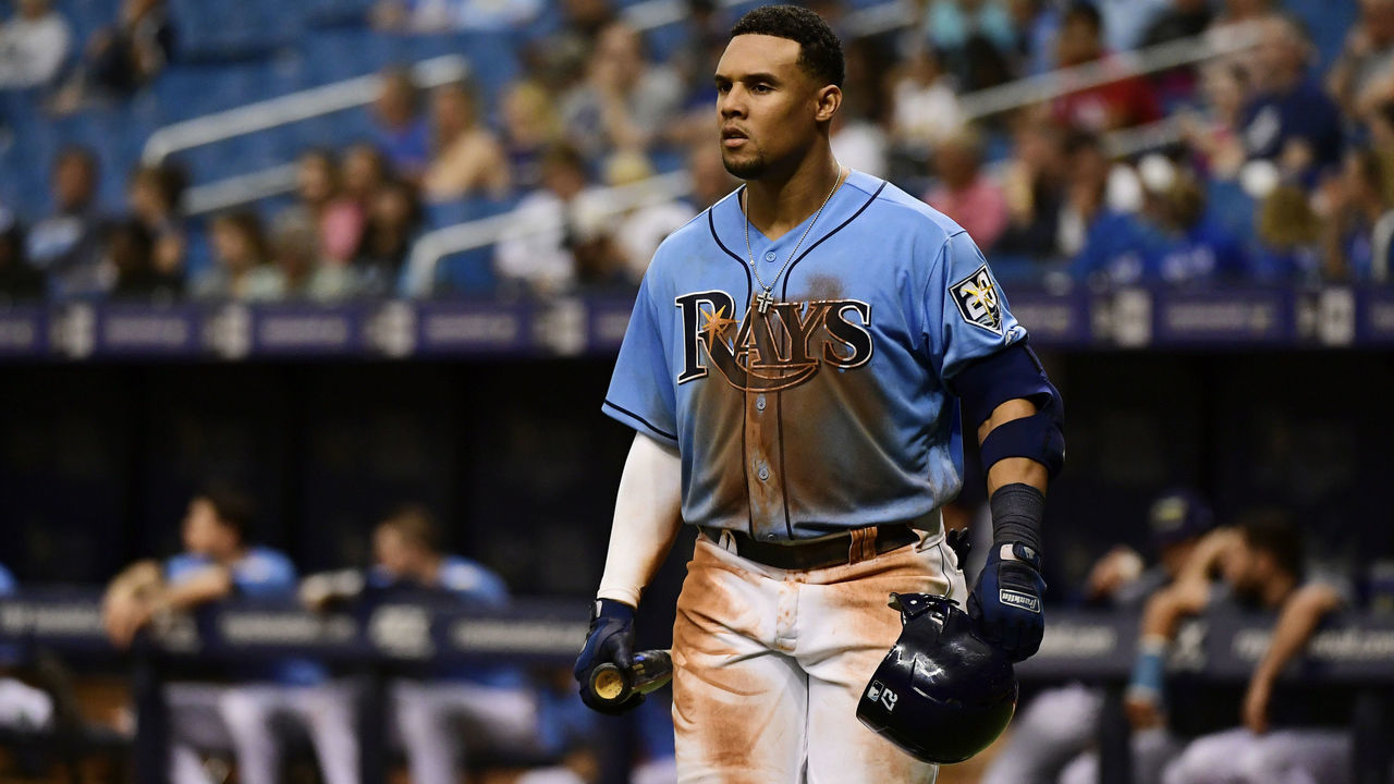ST PETERSBURG, FL - MAY 6: Carlos Gomez #27 of the Tampa Bay Rays walks up to the mound in the eighth inning prior to hitting a home run against the Toronto Blue Jays on May 6, 2018 at Tropicana Field in St Petersburg, Florida. The Toronto Blue Jays won 2-1.