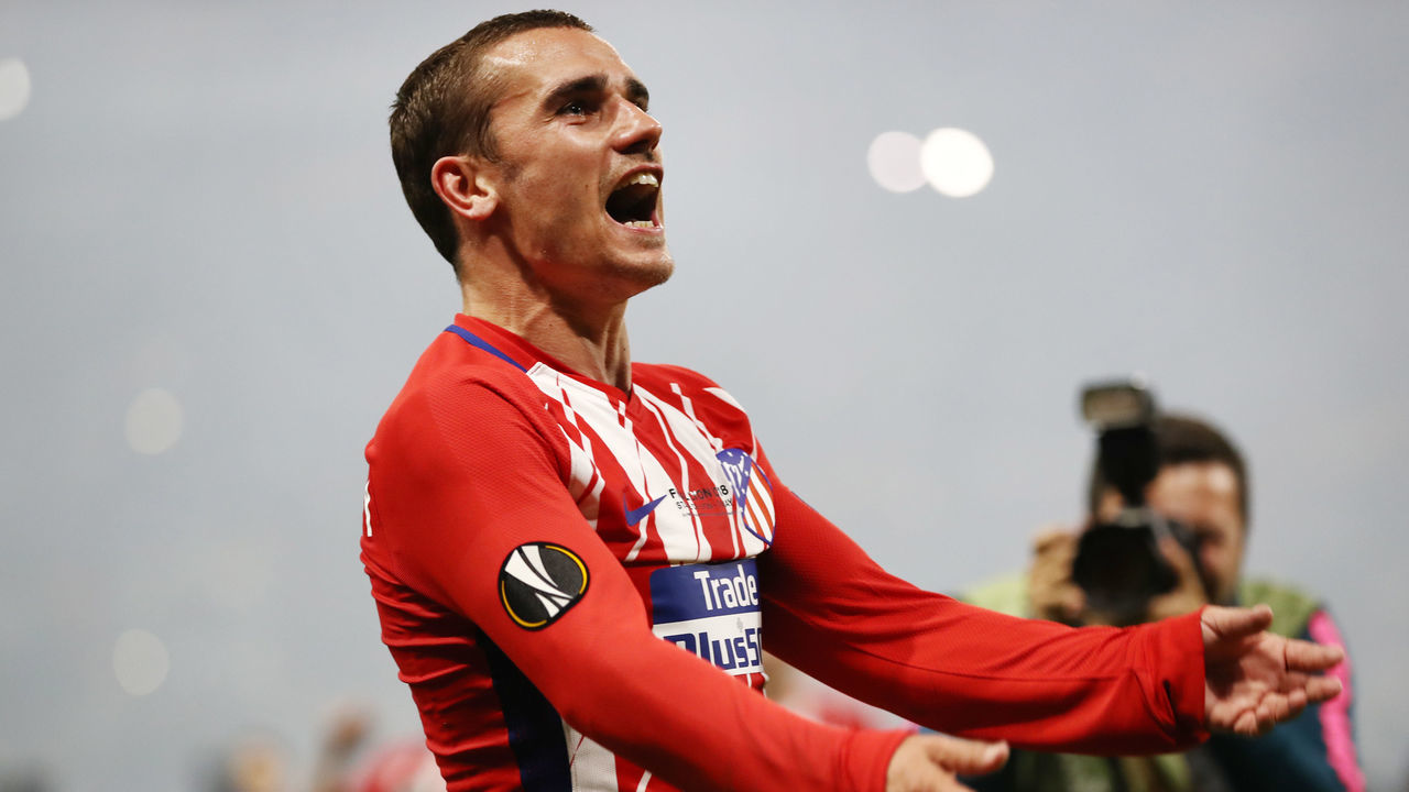 LYON, FRANCE - MAY 16: Antoine Griezmann of Atletico Madrid celebrates his team's victory in the UEFA Europa League Final between Olympique de Marseille and Club Atletico de Madrid at Stade de Lyon on May 16, 2018 in Lyon, France.