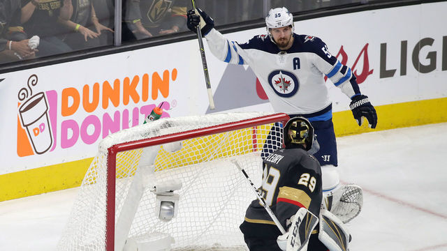 LAS VEGAS, NV - MAY 16: Mark Scheifele #55 of the Winnipeg Jets celebrates after scoring a second period goal past Marc-Andre Fleury #29 of the Vegas Golden Knights in Game Three of the Western Conference Finals during the 2018 NHL Stanley Cup Playoffs at T-Mobile Arena on May 16, 2018 in Las Vegas, Nevada.