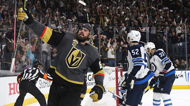 LAS VEGAS, NV - MAY 16: The Winnipeg Jets react as Alex Tuch #89 of the Vegas Golden Knights celebrates his second period goal in Game Three of the Western Conference Finals during the 2018 NHL Stanley Cup Playoffs at T-Mobile Arena on May 16, 2018 in Las Vegas, Nevada.