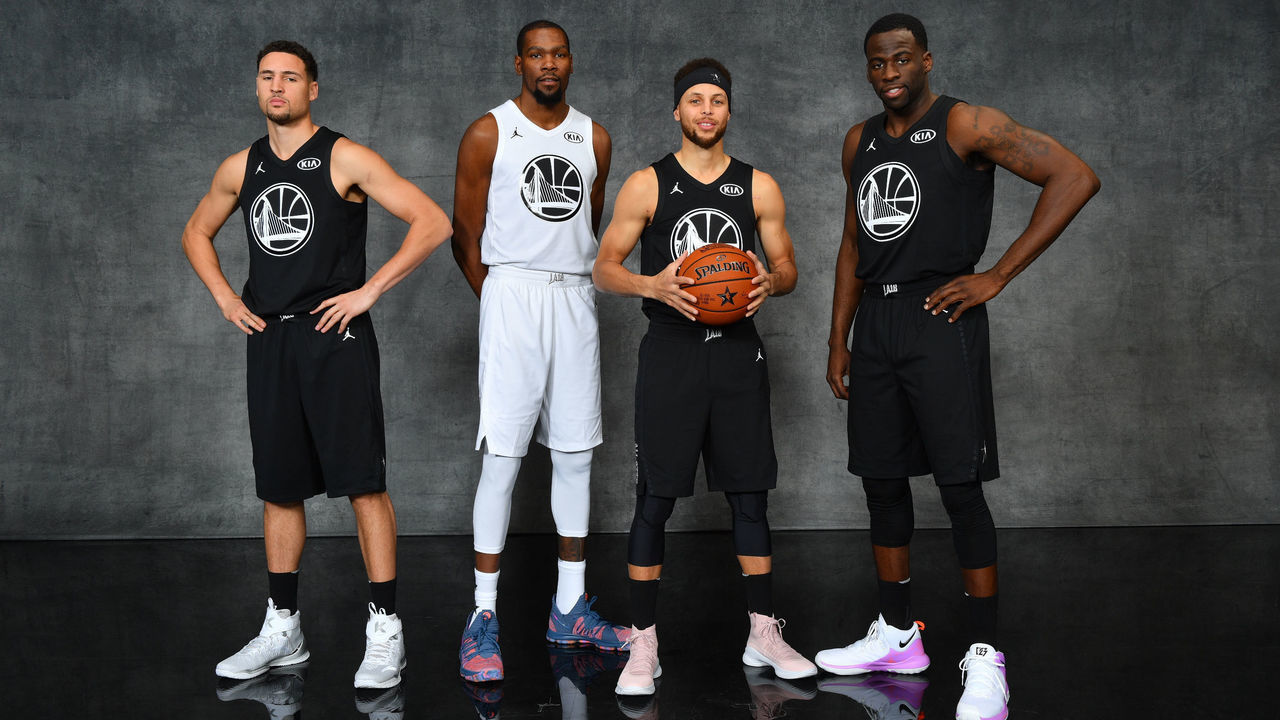 LOS ANGELES, CA - FEBRUARY 18: Klay Thompson, Stephen Curry, Kevin Durant, Stephen Curry and Draymond Green of the Golden State Warriors pose for a portrait during the NBA All-Star Game as a part of 2018 NBA All-Star Weekend at STAPLES Center on February 18, 2018 in Los Angeles, California. NOTE TO USER: User expressly acknowledges and agrees that, by downloading and/or using this photograph, user is consenting to the terms and conditions of the Getty Images License Agreement. Mandatory Copyright Notice: Copyright 2018 NBAE