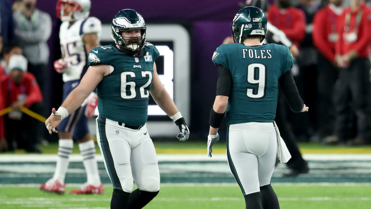 MINNEAPOLIS, MN - FEBRUARY 04: Nick Foles #9 of the Philadelphia Eagles celebrates with Jason Kelce #62 against the New England Patriots during the fourth quarter in Super Bowl LII at U.S. Bank Stadium on February 4, 2018 in Minneapolis, Minnesota.