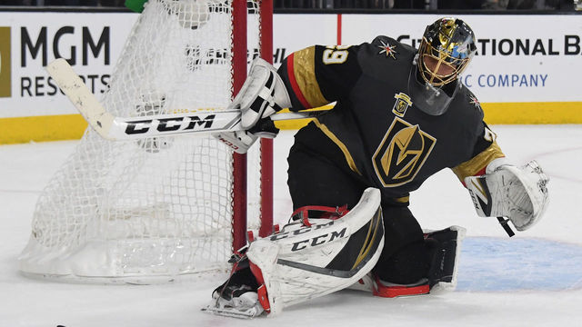 LAS VEGAS, NV - MAY 16: Marc-Andre Fleury #29 of the Vegas Golden Knights blocks a shot by the Winnipeg Jets in the third period of Game Three of the Western Conference Finals during the 2018 NHL Stanley Cup Playoffs at T-Mobile Arena on May 16, 2018 in Las Vegas, Nevada. The Golden Knights won 4-2.