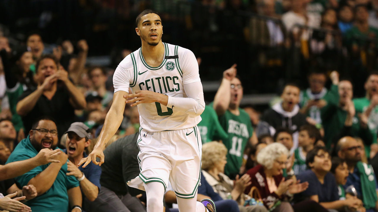 BOSTON, MA - MAY 15: Jayson Tatum #0 of the Boston Celtics reacts after making a basket in the first half against the Cleveland Cavaliers during Game Two of the 2018 NBA Eastern Conference Finals at TD Garden on May 15, 2018 in Boston, Massachusetts.