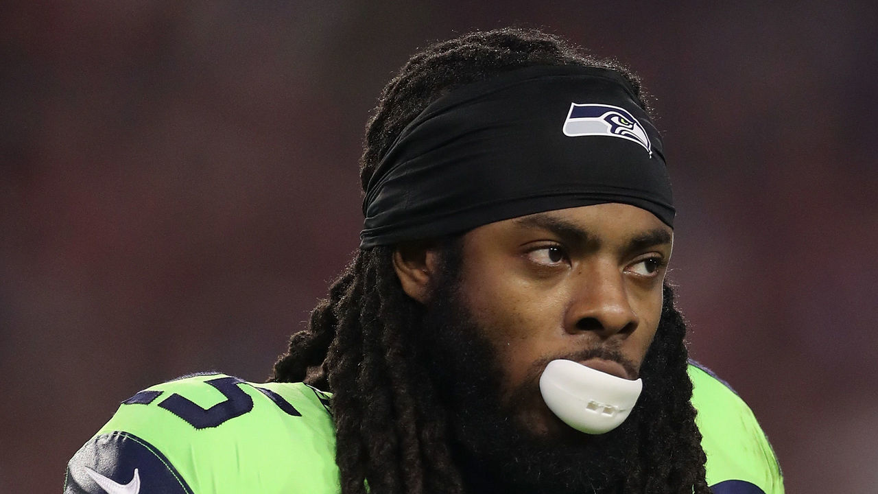 GLENDALE, AZ - NOVEMBER 09: Cornerback Richard Sherman #25 of the Seattle Seahawks walks on the field during a break from the second half of the NFL game against the Arizona Cardinals at the University of Phoenix Stadium on November 9, 2017 in Glendale, Arizona. The Seahawks defeated the Cardinals 22-16.