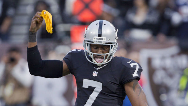 OAKLAND, CA - DECEMBER 4: Punter Marquette King #7 of the Oakland Raiders plays with a flag thrown for roughing the kicker on a 68-yard punt against the Buffalo Bills late in the fourth quarter on December 4, 2016 at Oakland-Alameda County Coliseum in Oakland, California. King was penalized for unsportsmanlike conduct. The Raiders won 38-24.