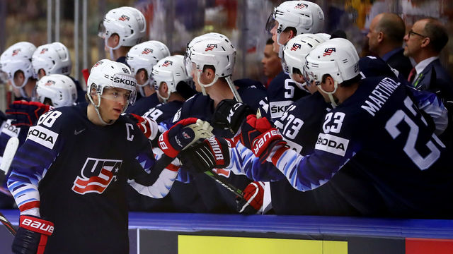 HERNING, DENMARK - MAY 17: Patrick Kane of the United States celebrates after he scores the opening goal during the 2018 IIHF Ice Hockey World Championship Quarter Final game between United States and Czech Republic at Jyske Bank Boxen on May 17, 2018 in Herning, Denmark.