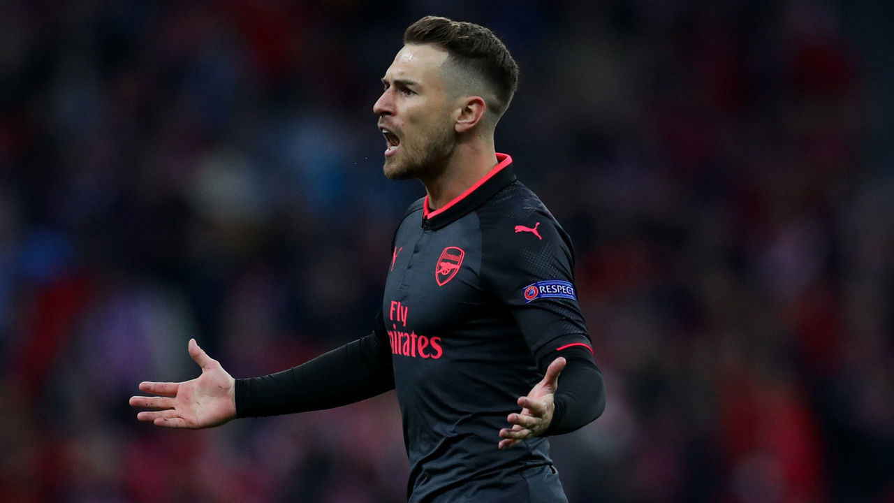 MADRID, SPAIN - MAY 03: Aaron Ramsey of Arsenal reacts during the UEFA Europa League Semi Final second leg match between Atletico Madrid and Arsenal FC at Estadio Wanda Metropolitano on May 3, 2018 in Madrid, Spain.