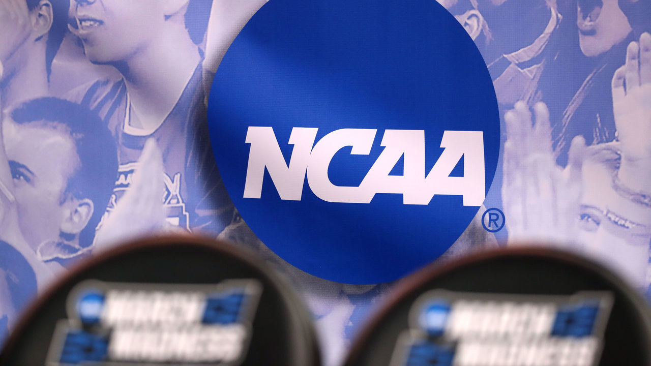 SALT LAKE CITY, UT - MARCH 16: The NCAA logo is seen in the second half of the game between the Northwestern Wildcats and the Vanderbilt Commodores during the first round of the 2017 NCAA Men's Basketball Tournament at Vivint Smart Home Arena on March 16, 2017 in Salt Lake City, Utah.