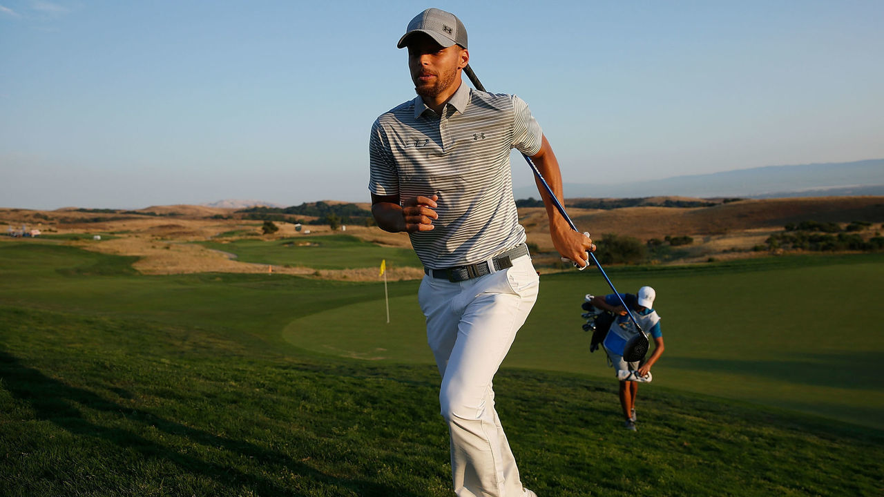 HAYWARD, CA - AUGUST 04: Stephen Curry jogs from the seventeenth green after scoring a birdie during round two of the Ellie Mae Classic at TCP Stonebrae on August 4, 2017 in Hayward, California.