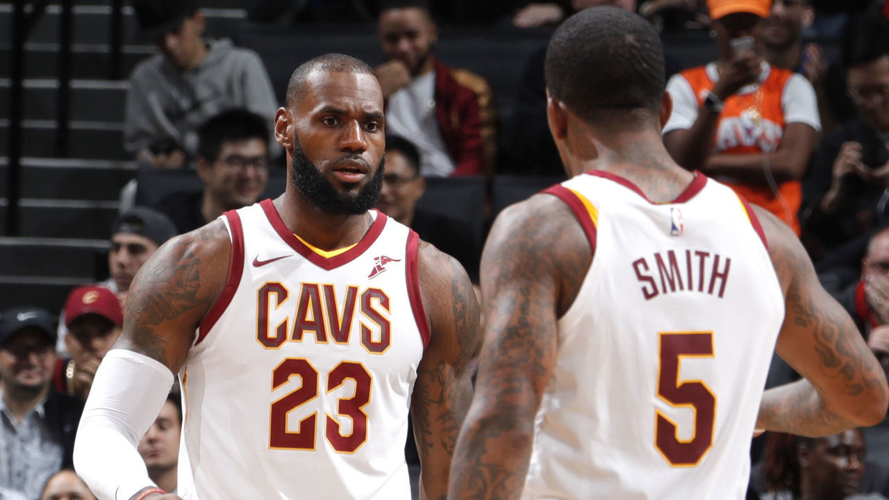 BROOKLYN, NY - OCTOBER 25: LeBron James #23 of the Cleveland Cavaliers and JR Smith #5 of the Cleveland Cavaliers high five before the game against the Brooklyn Nets on October 25, 2017 at Barclays Center in Brooklyn, New York. Mandatory Copyright Notice: Copyright 2017 NBAE