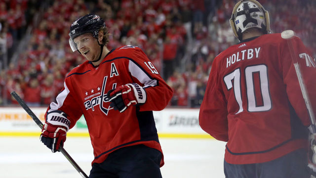 WASHINGTON, DC - APRIL 21: Nicklas Backstrom #19 of the Washington Capitals celebrates after scoring a first period goal against the Columbus Blue Jackets during Game Five of the Eastern Conference First Round during the 2018 NHL Stanley Cup Playoffs at Capital One Arena on April 21, 2018 in Washington, DC.