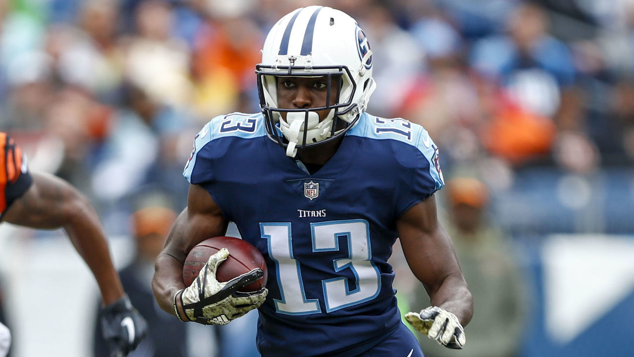 NASHVILLE, TN - NOVEMBER 12: Wide Receiver Taywan Taylor #13 of the Tennessee Titans carries the ball against the Cincinnati Bengals at Nissan Stadium on November 12, 2017 in Nashville, Tennessee.