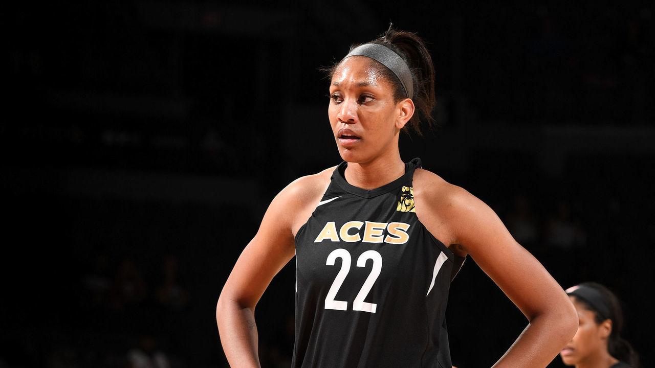 LAS VEGAS, NV - MAY 6: A'ja Wilson #22 of the Las Vegas Aces looks on during th game against the China National Team in a WNBA pre-season game on May 6, 2018 at the Mandalay Bay Events Center in Las Vegas, Nevada. Mandatory Copyright Notice: Copyright 2018 NBAE