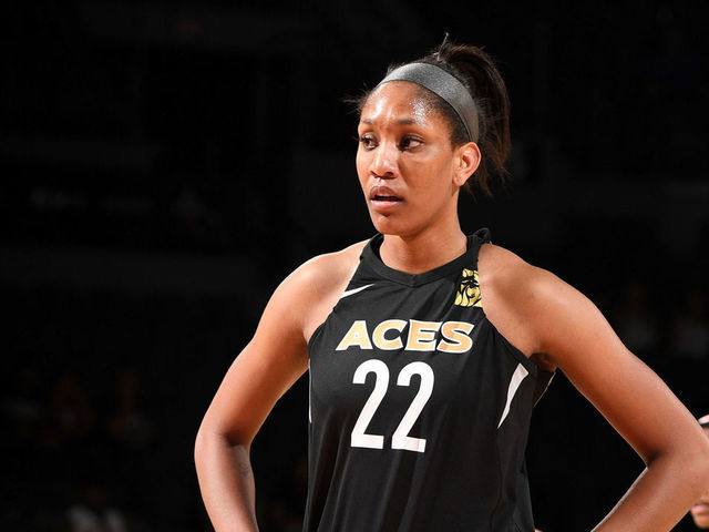 LAS VEGAS, NV - MAY 6: A'ja Wilson #22 of the Las Vegas Aces looks on during th game against the China National Team in a WNBA pre-season game on May 6, 2018 at the Mandalay Bay Events Center in Las Vegas, Nevada. Mandatory Copyright Notice: Copyright 2018 NBAE