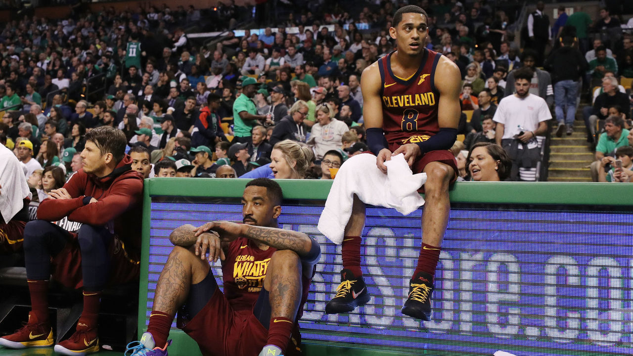 BOSTON, MA - MAY 13: JR Smith #5 and Jordan Clarkson #8 of the Cleveland Cavaliers react to their teams loss to the Boston Celtics in Game One of the Eastern Conference Finals of the 2018 NBA Playoffs at TD Garden on May 13, 2018 in Boston, Massachusetts. The Boston Celtics defeated the Cleveland Cavaliers 108-83.