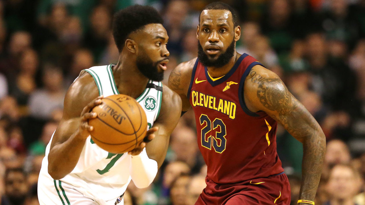 BOSTON, MA - MAY 13: LeBron James #23 of the Cleveland Cavaliers defends Jaylen Brown #7 of the Boston Celtics during the first quarter in Game One of the Eastern Conference Finals of the 2018 NBA Playoffs at TD Garden on May 13, 2018 in Boston, Massachusetts.