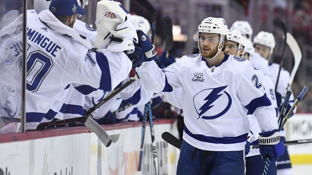 WASHINGTON, DC - MAY 17: Brayden Point #21 of the Tampa Bay Lightning celebrates after scoring a first period goal against the Washington Capitals in Game Four of the Eastern Conference Final during the 2018 NHL Stanley Cup Playoffs at Capital One Arena on May 17, 2018 in Washington, DC.
