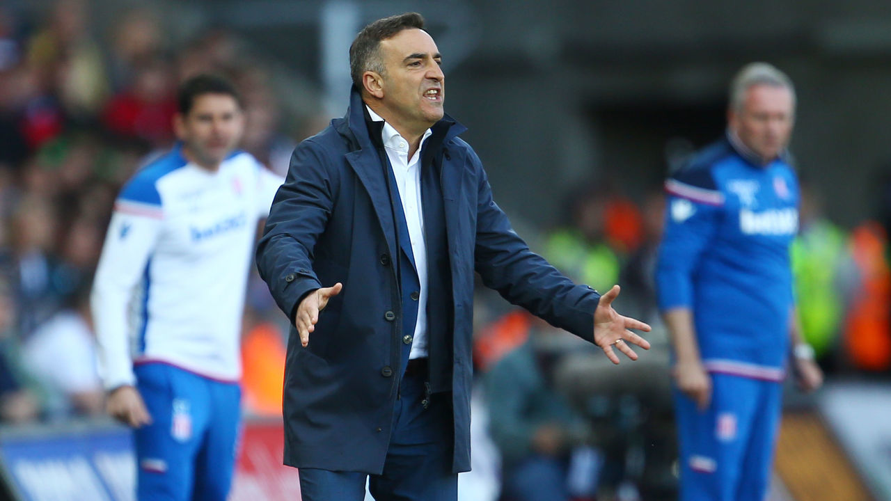 Swansea City's Portuguese manager Carlos Carvalhal gestures during the English Premier League football match between Swansea City and Stoke City at The Liberty Stadium in Swansea, south Wales on May 13, 2018.