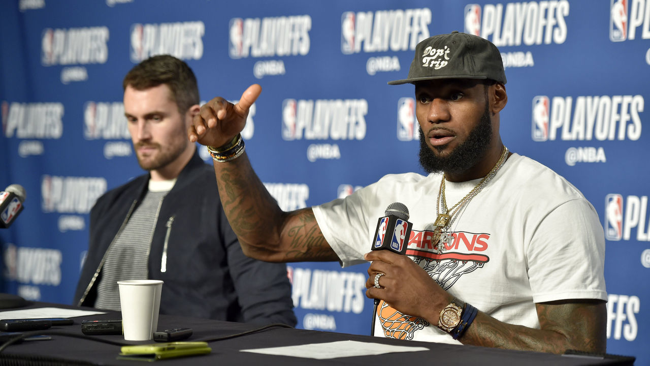 CLEVELAND, OH - MAY 7: LeBron James #23 of the Cleveland Cavaliers speaks to the media after Game Four of the Eastern Conference Semifinals against the Toronto Raptors during the 2018 NBA Playoffs on May 7, 2018 at Quicken Loans Arena in Cleveland, Ohio. NOTE TO USER: User expressly acknowledges and agrees that, by downloading and/or using this photograph, user is consenting to the terms and conditions of the Getty Images License Agreement. Mandatory Copyright Notice: Copyright 2018 NBAE