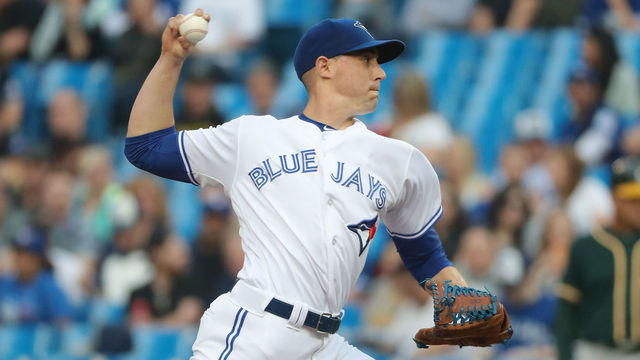 TORONTO, ON - MAY 17: Aaron Sanchez #41 of the Toronto Blue Jays delivers a pitch in the first inning during MLB game action against the Oakland Athletics at Rogers Centre on May 17, 2018 in Toronto, Canada.