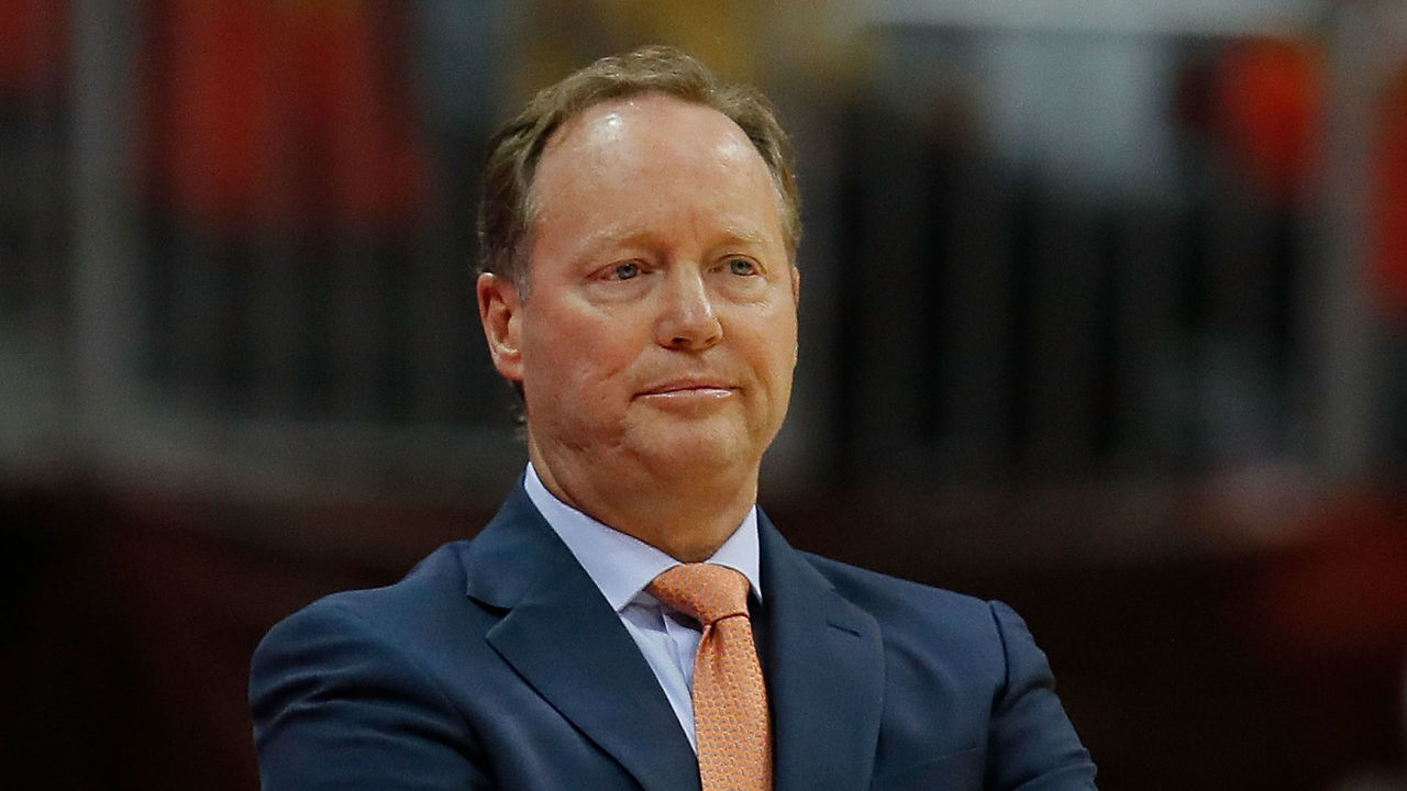 ATLANTA, GA - OCTOBER 27: Mike Budenholzer of the Atlanta Hawks looks on during the game against the Denver Nuggets at Philips Arena on October 27, 2017 in Atlanta, Georgia.