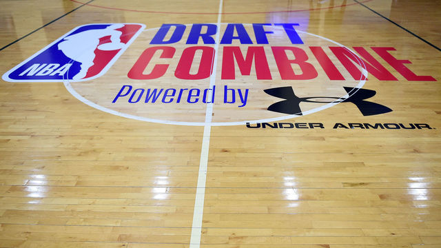 CHICAGO, IL - MAY 17: A detailed view of the draft combine logo during Day One of the NBA Draft Combine at Quest MultiSport Complex on May 17, 2018 in Chicago, Illinois.
