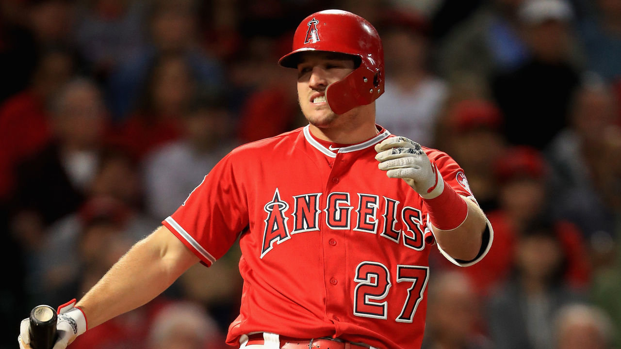 ANAHEIM, CA - MAY 15: Mike Trout #27 of the Los Angeles Angels of Anaheim strikes out during the third inning of a game against the Houston Astros at Angel Stadium on May 15, 2018 in Anaheim, California.