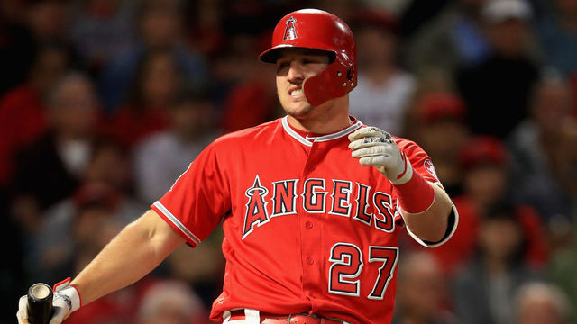 ANAHEIM, CA - MAY 15: Mike Trout #27 of the Los Angeles Angels of Anaheim strikes out during the third inning of a game against the Houston Astros at Angel Stadium on May 15, 2018 in Anaheim, California.