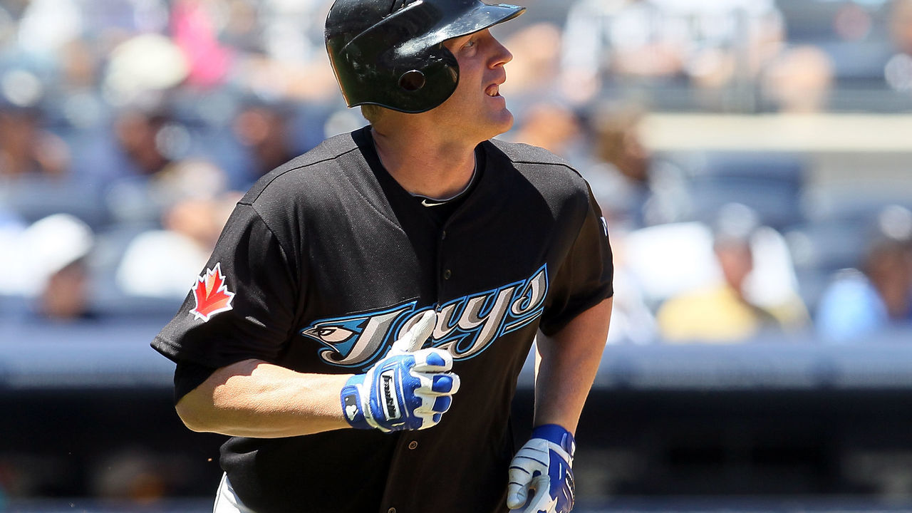 NEW YORK - JULY 04: Lyle Overbay #35 of the Toronto Blue Jays watches the flight of his third inning home run against the New York Yankees on July 4, 2010 at Yankee Stadium in the Bronx borough of New York City.