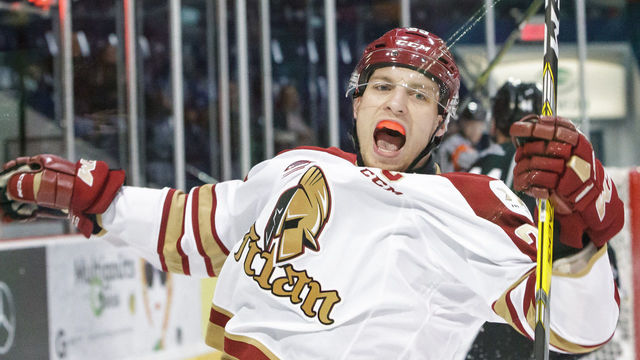 GATINEAU, CANADA - OCTOBER 18: Jeffrey Truchon-Viel #25 of the Acadie-Bathurst Titan celebrates his goal against the Gatineau Olympiques on October 18, 2017 at Robert Guertin Arena in Gatineau, Quebec, Canada.