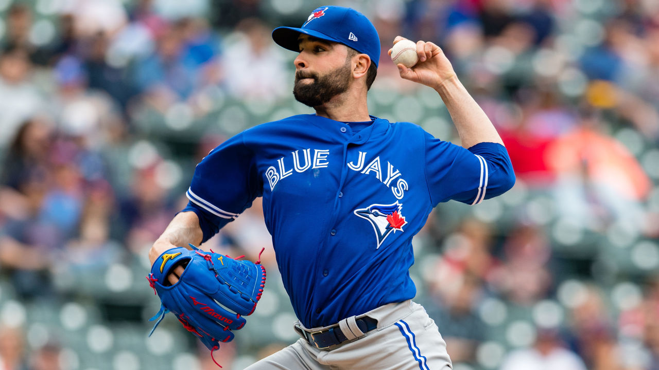 CLEVELAND, OH - MAY 3: Starting pitcher Jaime Garcia #57 of the Toronto Blue Jays pitches during the first inning against the Cleveland Indians at Progressive Field on May 3, 2018 in Cleveland, Ohio. All players are wearing #42 in honor of Jackie Robinson Day in this make up game from April 15.