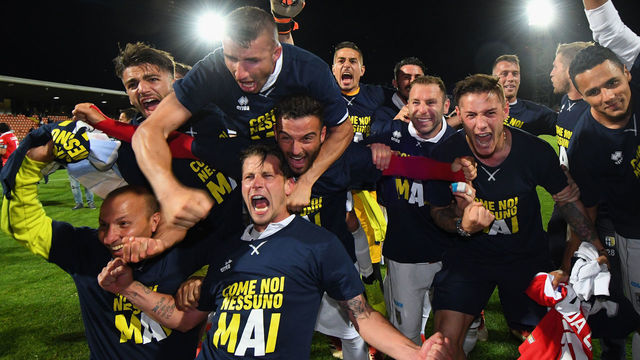 LA SPEZIA, ITALY - MAY 18: Parma Calcio players celebrate the victory after the Serie B match between AC Spezia and Parma Calcio at Stadio Alberto Picco on May 18, 2018 in La Spezia, Italy.
