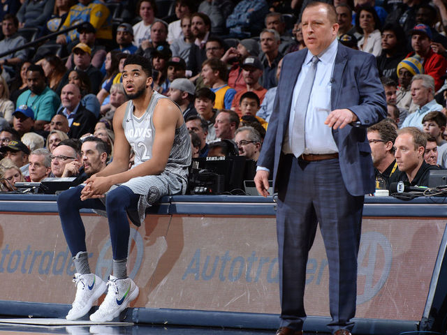 DENVER, CO - APRIL 5: Tom Thibodeau and Karl-Anthony Towns #32 of the Minnesota Timberwolves look on during the game against the Denver Nuggets on April 5, 2018 at the Pepsi Center in Denver, Colorado. NOTE TO USER: User expressly acknowledges and agrees that, by downloading and/or using this Photograph, user is consenting to the terms and conditions of the Getty Images License Agreement. Mandatory Copyright Notice: Copyright 2018 NBAE