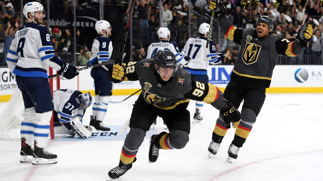 LAS VEGAS, NV - MAY 18: Tomas Nosek #92 of the Vegas Golden Knights celebrates his second-period goal against the Winnipeg Jets in Game Four of the Western Conference Finals during the 2018 NHL Stanley Cup Playoffs at T-Mobile Arena on May 18, 2018 in Las Vegas, Nevada.