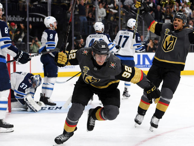 LAS VEGAS, NV - MAY 18: Tomas Nosek #92 of the Vegas Golden Knights celebrates his second-period goal against the Winnipeg Jets in Game Four of the Western Conference Finals during the 2018 NHL Stanley Cup Playoffs at T-Mobile Arena on May 18, 2018 in Las Vegas, Nevada.