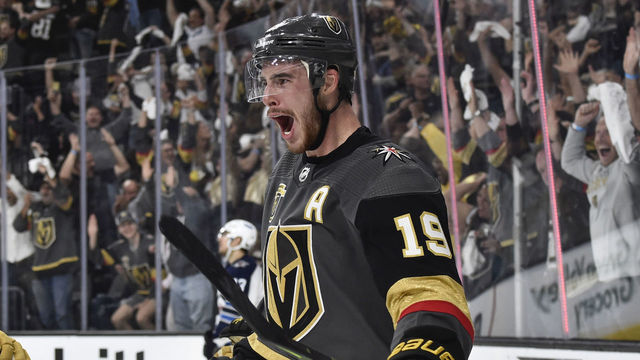LAS VEGAS, NV - MAY 18: Reilly Smith #19 of the Vegas Golden Knights celebrates after scoring a goal against the Winnipeg Jets in Game Four of the Western Conference Final during the 2018 NHL Stanley Cup Playoffs at T-Mobile Arena on May 18, 2018 in Las Vegas, Nevada.